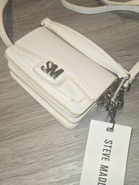 Steve Madden Cream Pebbled Mini Crossbody with Silver Hardware
